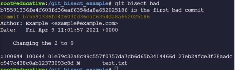Git bisect return to us the first bad commit.