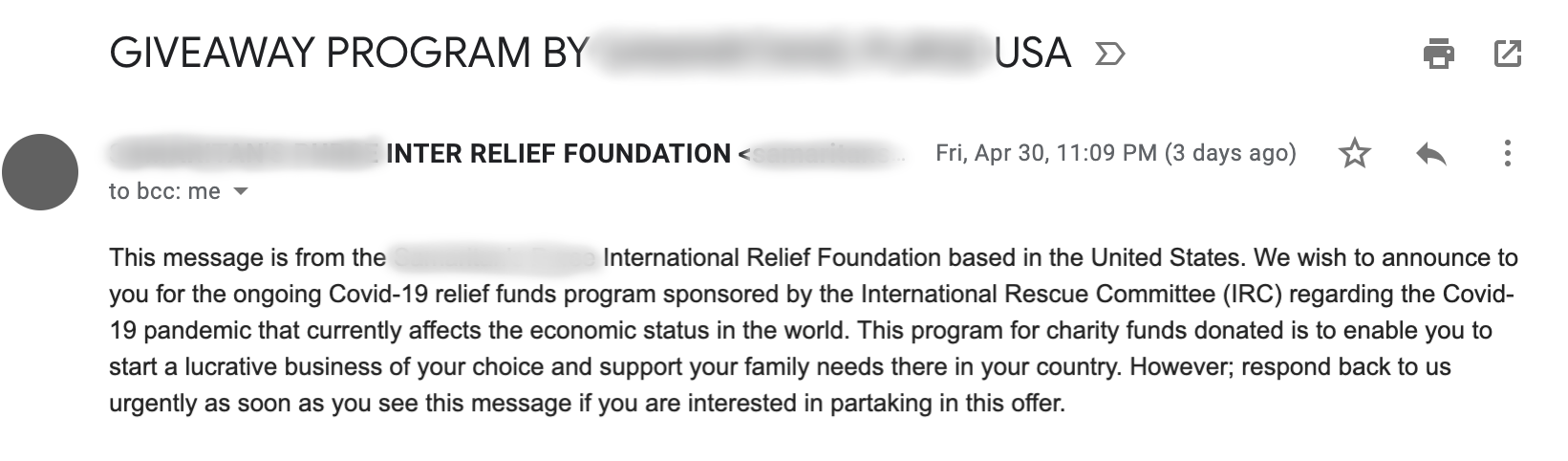 A fake email from someone pretending to be an NGO