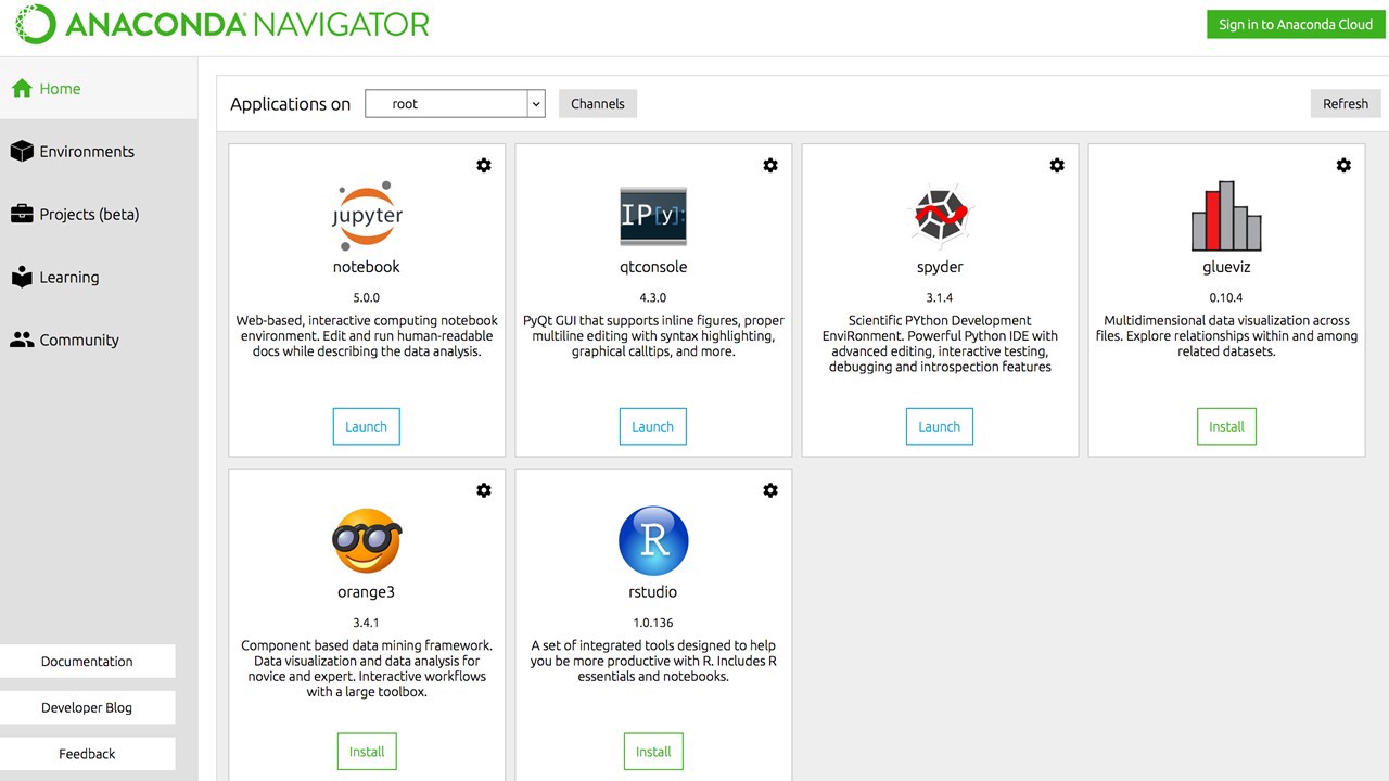 Anaconda Navigator application home