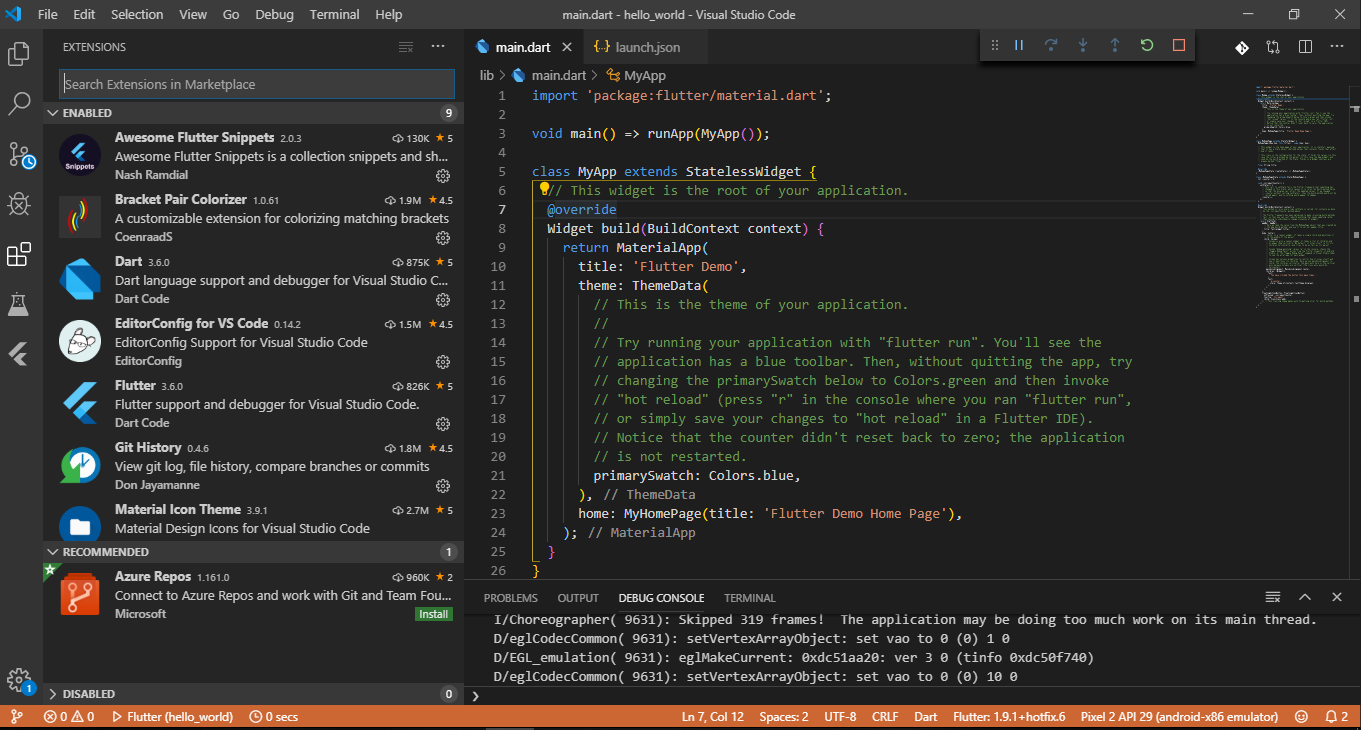 The left side is a list of my favorite extensions, for starters. And the right part is the first flutter program you will run.